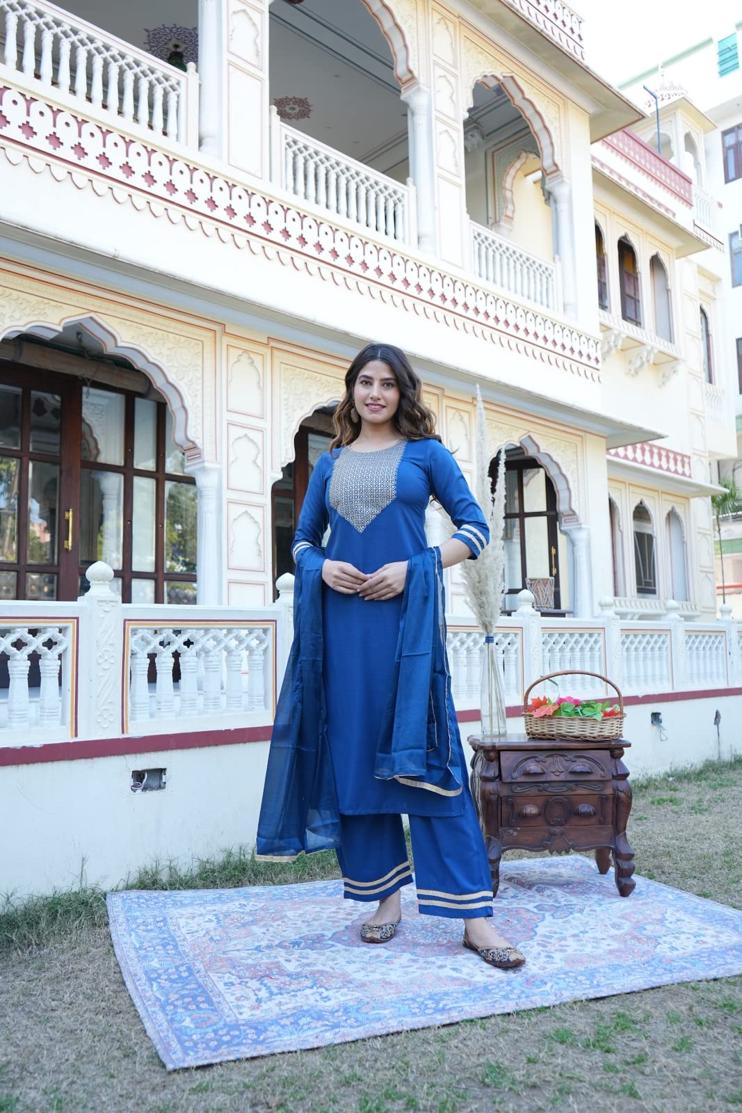 Anni Designer Women'S Cotton Blend Floral Straight Kurta With Palazzo & Dupatta (Label Cerosin-Jan40_Blue_Xxxx-Large),Blue,4XL,Cotton Blend,Regular,