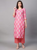 Anni Designer Women'S Cotton Blend Traditional Straight Printed Kurta With Pant Set (Natak Pink-Fbf001_M_Pink_Medium),Pink Light,M,Cotton Blend,Regular,Kurta