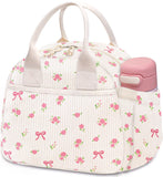 Carry bloom Lunch Box for Women, Insulated Lunch Bag Cute Corduroy Lunchbag Reusable Lunchbox for Work (flower bow beige)