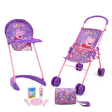 Peppa Pig: Stroll N Feed 8pc Set - Purple, Pink, Flowers - Stroller, Highchair, Handbag, Feeding Accessories, for Dolls Up to 1