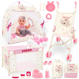 deAO Baby Doll Stroller Crib Bed Tent Set Nursery Playset Baby Doll Accessories Camping Tent Set with 14 Baby Dolls, Storage Tra