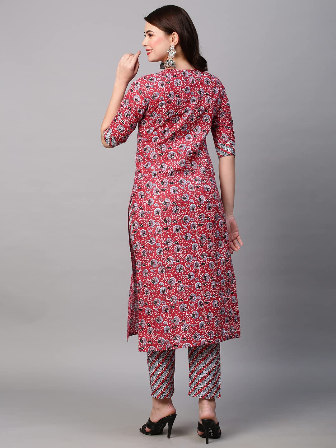 Anni Designer Women'S Cotton Blend Traditional Straight Printed Kurta With Pant Set (Janar Red-Fbf001_L_Red_Large),Red,L,Cotton Blend,Regular,Pants