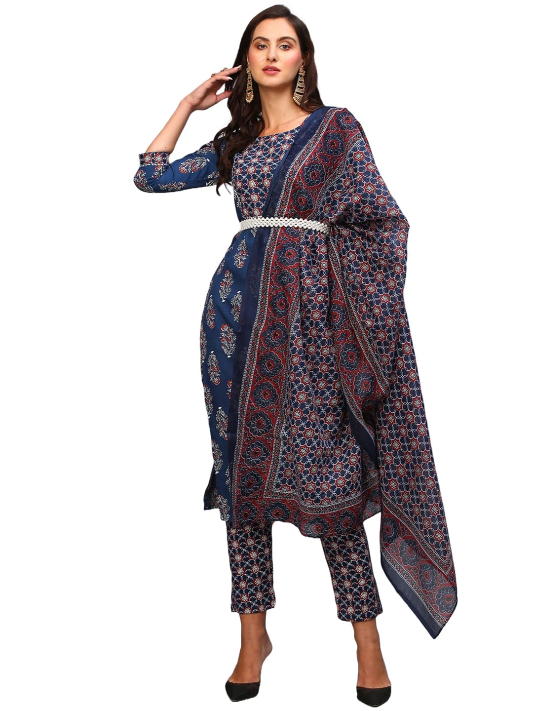 Anni Designer Women'S Cotton Blend Straight Printed Kurta With Pant & Dupatta (Patni Blue_S_Blue_Small),Blue,S