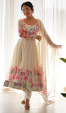 Shasmi Women'S White Pink Georgette Anarkali Floral Printed Kurta With Pant & Dupatta (Dress 114 White Pink 3Xl)