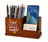 Premium Wooden Desk Organizer with Quote | Pen Holder & Mobile Stand
