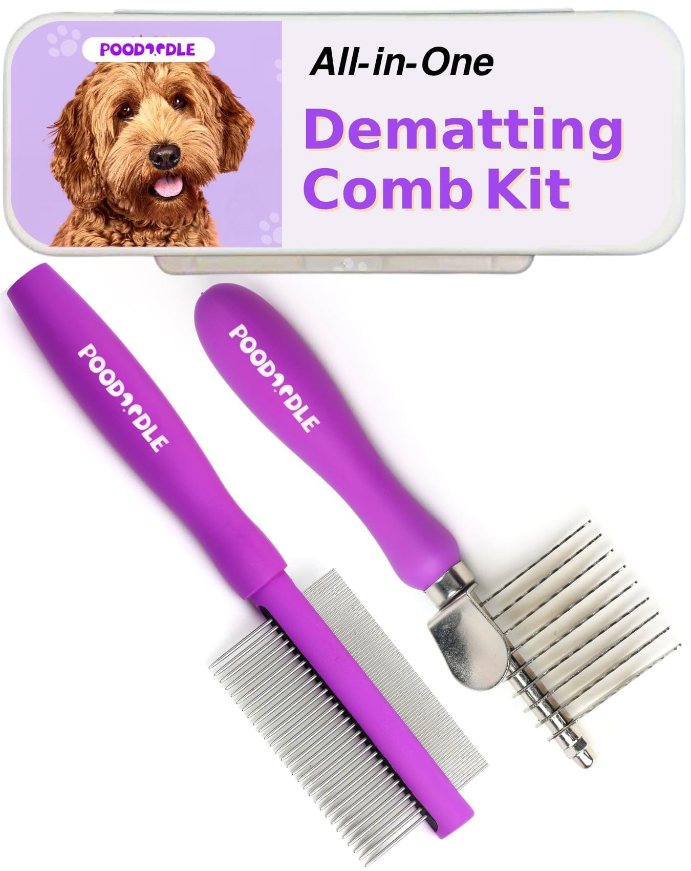 Poodoodle Pain-Free Dematting Comb Kit for Dogs & Cats, Dematting Rake & Detangling Dual-Side Comb Set, Dematting Brush for Dogs