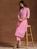 Libas Womens Printed Cotton A-Line Kurta With Trousers Pink 2Xl