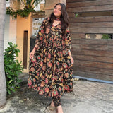 Anni Designer Women'S Rayon Blend Printed Anarkali Kurta With Pant & Dupatta (Belono Black_Xl_Black_X-Large),Black,XL,,,