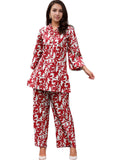 SMOWKLY Womens Printed Rayon Slub Mid Thighs Short Kurti With Relaxed Fit Pant Sylish Co-Ords Set || Trendy 3/4 Sleeve Kurta & Palazzo Party Wear Cord Pair, Red&White, XL