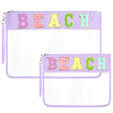 Zubebe 2 Size Chenille Letter Clear Beach Bag Clear Cosmetic Zipper Pouch Preppy Beach Vacation Waterproof Travel Organizer Toil