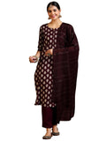 Libas Womens Printed Silk Blend Straight Kurta With Trousers And Dupatta