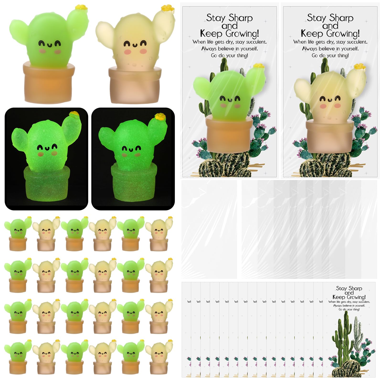 Wettarn 30 Sets Emotional Luminous Cactus Stress Ball Gifts Bulk Christmas Appreciation Gift Cute Cactus Squeeze Mini Stress Rel
