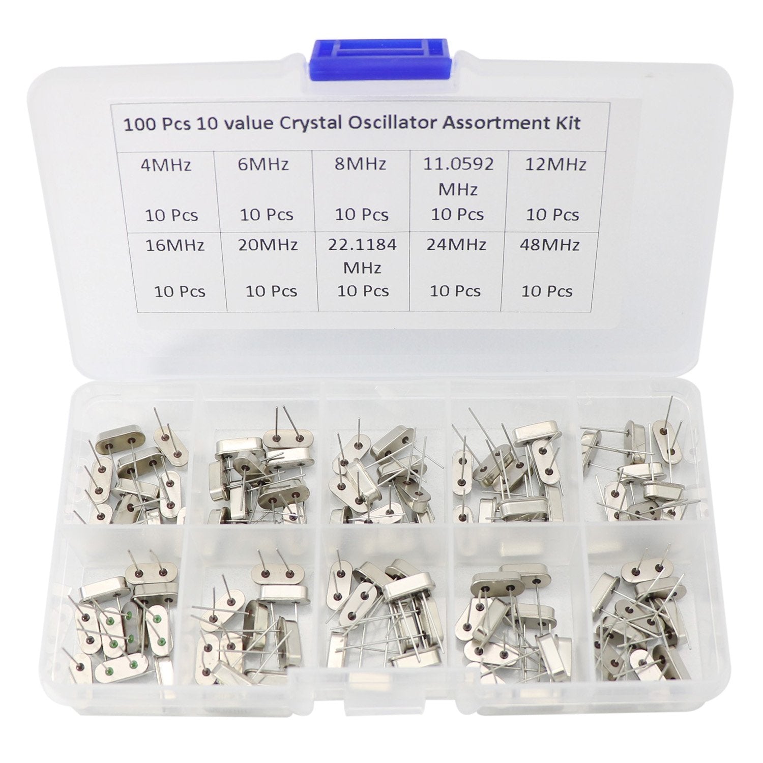 100Pcs 10 Value Crystal Resonators Oscillator Assortment Kit Assorted Set 4Mhz, 6Mhz, 8Mhz, 11.0592Mhz, 12Mhz, 16Mhz, 20Mhz, 22.