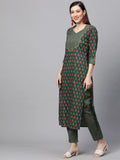 Anni Designer Women'S Cotton Blend Traditional Straight Printed Kurta And Pant Set (Grape Green_M_Green_Medium),Green,M,Cotton Blend,Regular,Pants