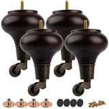 TCHOSUZ 5 inch / 13cm Wooden Furniture Legs with Casters Wheels, Pack of 4 Classic Walnut Solid Wood Round DIY Replacement Bun F