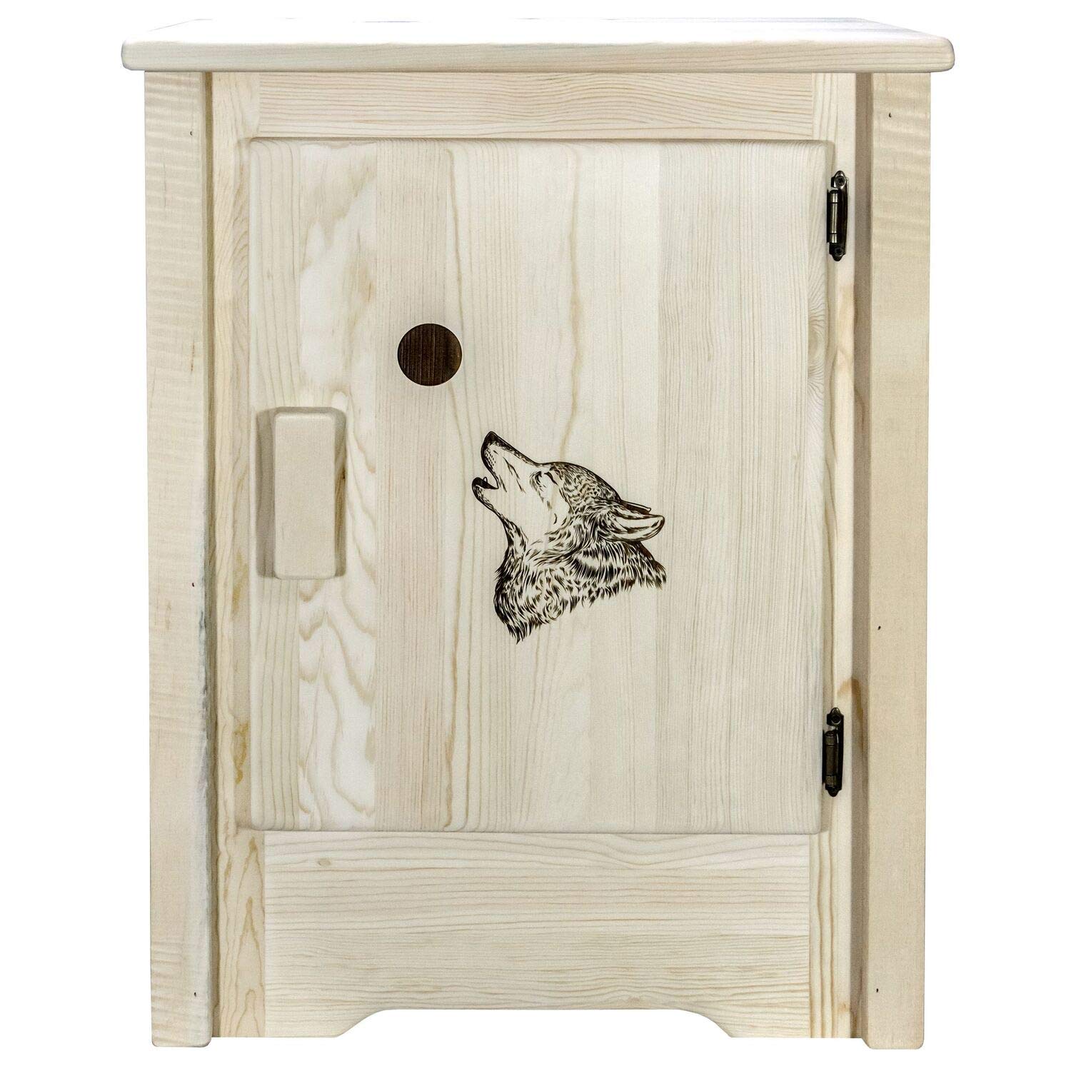 Montana Woodworks Homestead Collection Accent Cabinet With Laser Engraved Wolf Design, Right Hinged, Ready To Finish
