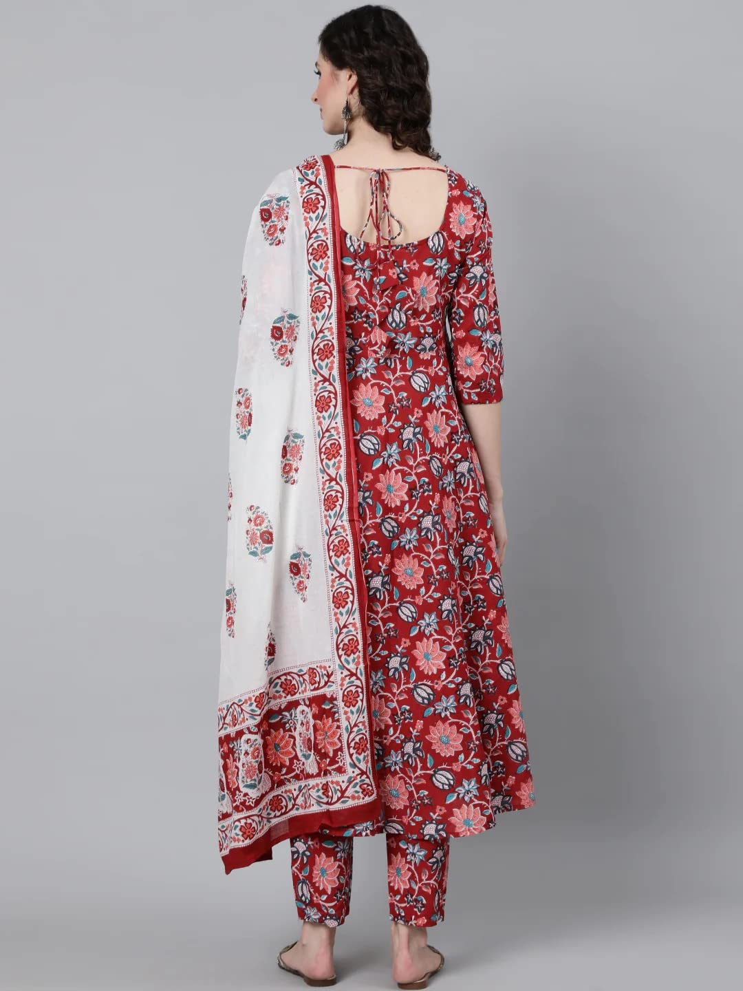 Anni Designer Women'S Cotton Blend Floral Printed Anarkali Kurta With Trouser & Dupatta (Gym-Red_S_Red_Small),Red,S,Cotton Blend,Anarkali,Dupatta