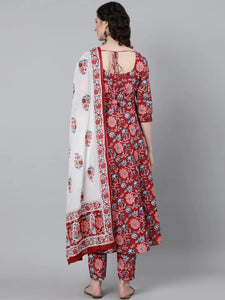 Gosriki Women'S Cotton Blend Floral Printed Anarkali Kurta With Trouser & Dupatta (Gym-Red-Gs_Xl_Red_X-Large),Red,,B0BWSB81W7