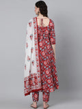 Gosriki Women'S Cotton Blend Floral Printed Anarkali Kurta With Trouser & Dupatta (Gym-Red-Gs_Xl_Red_X-Large),Red,,B0BWSB81W7