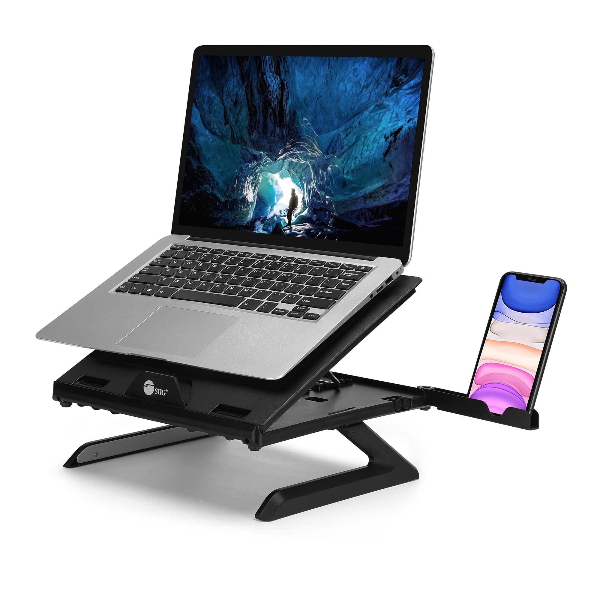 SIIG Laptop Stand, Ergonomic Adjustable Riser Stand, Smart Phone Holder & Heat-Vent, Portable Design Fit 10 to 17 (CE-MT3911