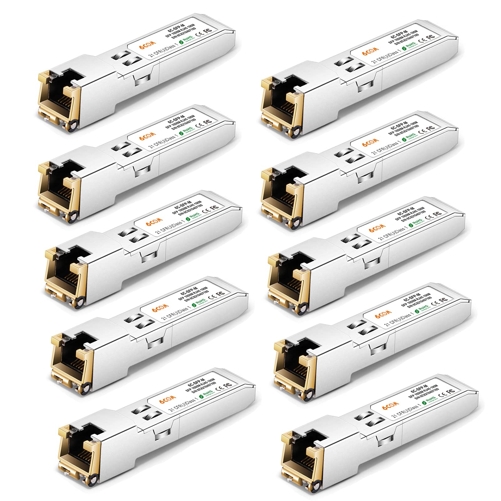 10Pack 1.25G SFP-T Transceiver, 1000Base-T Gigabit SFP Copper RJ45 Module for Ubiquiti UF-RJ45-1G, Mikrotik, D-Link, Supermicro,