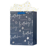 OFIHANLY 12.6 Medium Happy Birthday Gift Bag with Handles for Men Paper Gift Wrap Bags for Him Boys Kids Baby Navy Blue Bags wit