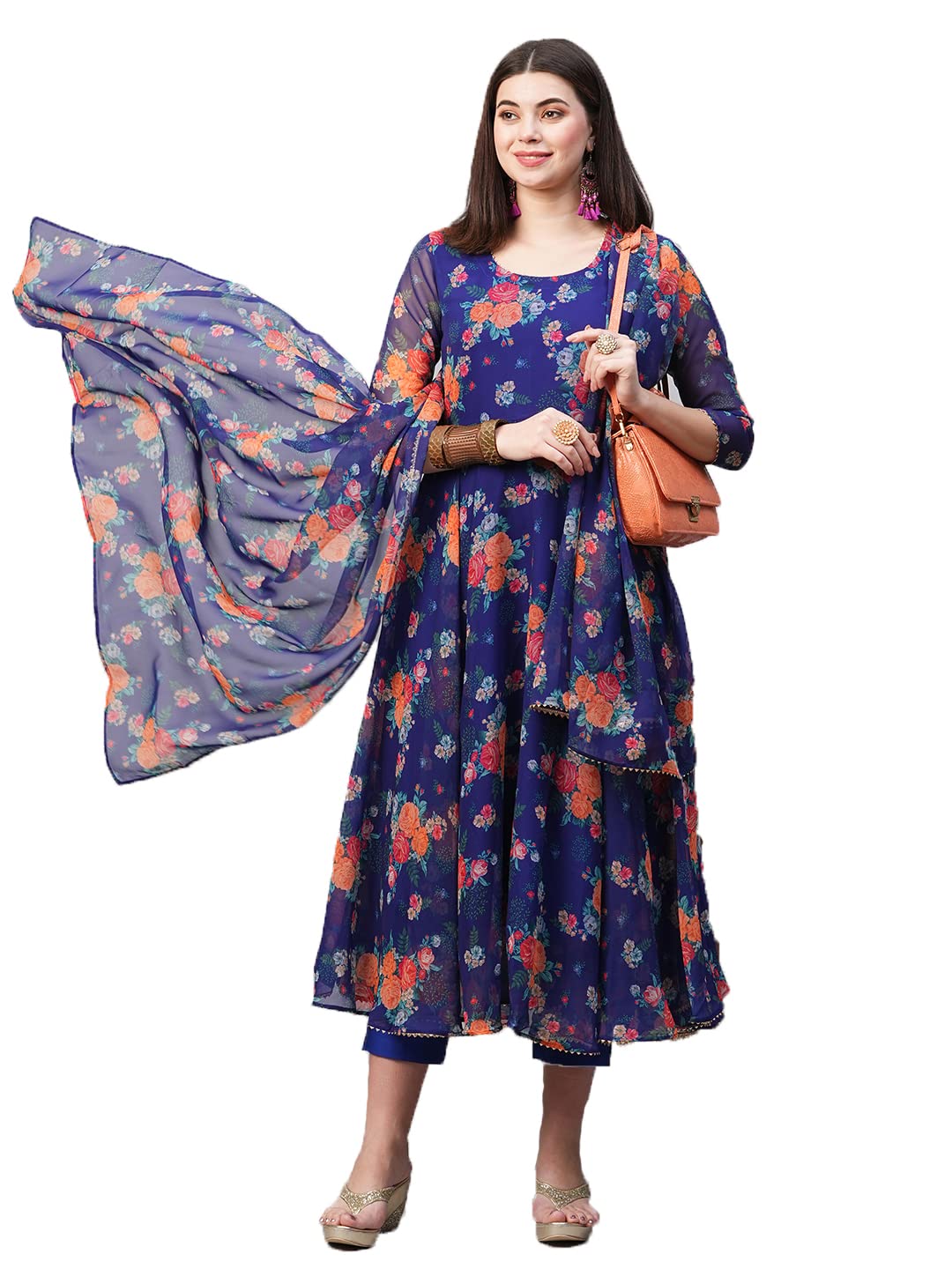Gosriki Women'S Georgette Anarkali Printed Kurta With Pant & Dupatta (Atasi Blue-Nw02-Gs_M_Blue_Medium),Blue,,B0BSVCNBFN