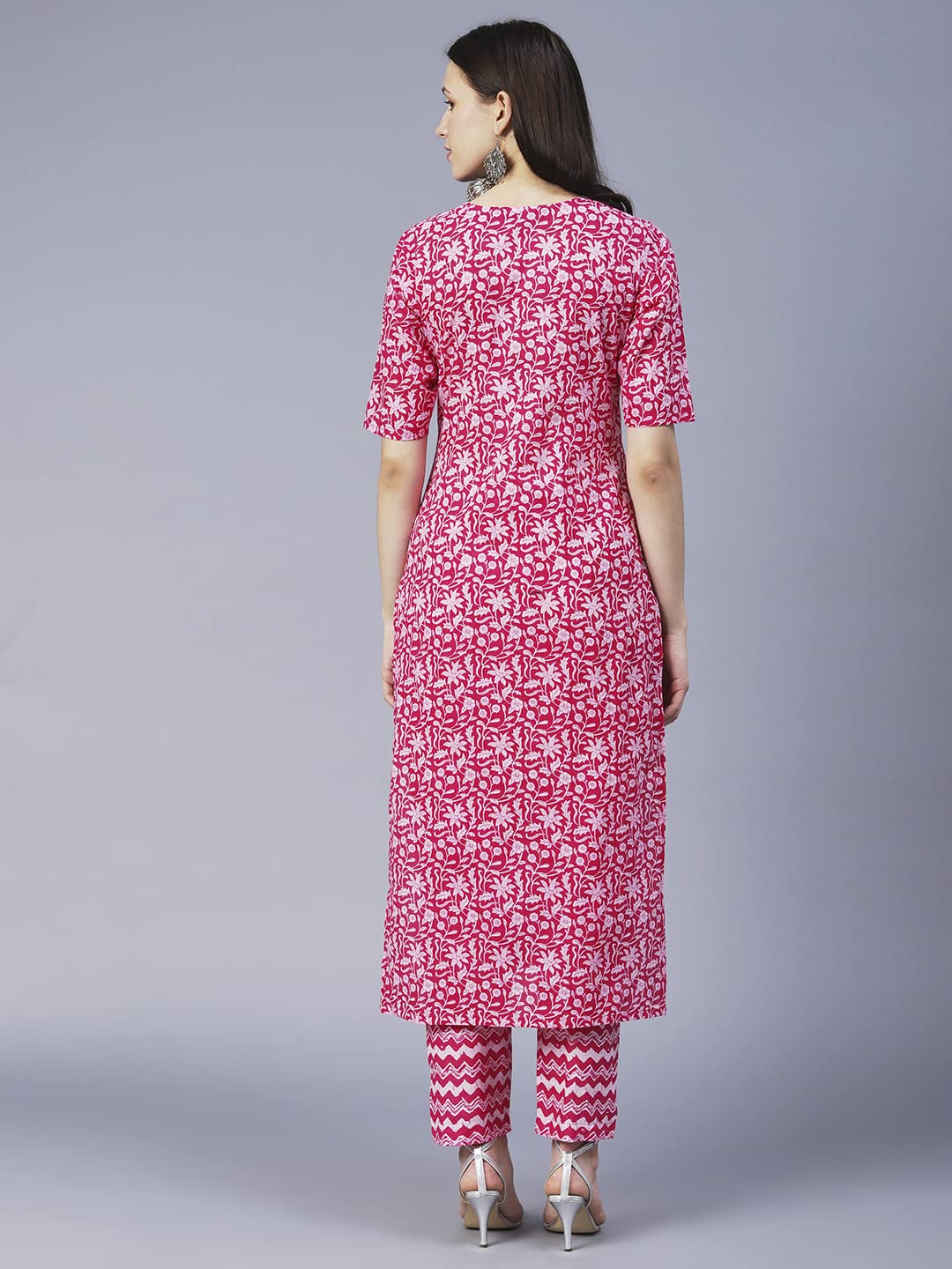 Anni Designer Women'S Cotton Blend Printed Straight Kurta With Pant (Azrak-Pink_Xxl_Pink_Xx-Large),Pink,2XL,Cotton Blend,Regular,Pants