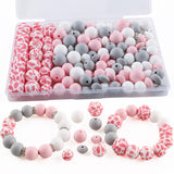 Kovict 117Pcs 12mm 15mm Silicone Beads for Keychain Making,Pink Print Round Hexagon Print 10mm Rondelle Rhinestone Spacer Lentil
