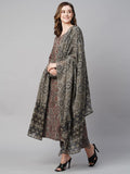 Anni Designer Women'S Cotton Blend Straight Printed Kurta With Pant & Dupatta (Palak Grey_S_Grey_Small),Grey,S,Cotton Blend,Regular,