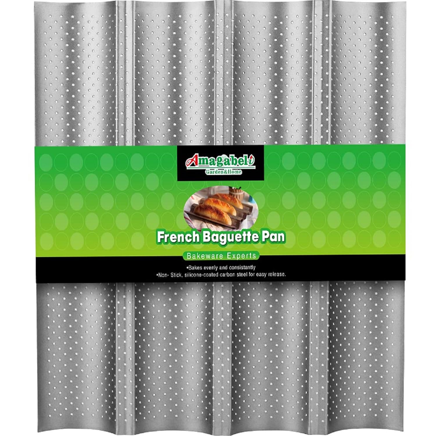 AMAGABELI GARDEN & HOME Nonstick Perforated Baguette Pan 15 x 13 for French Bread Baking 4 Wave Loaves Loaf Bake Mold Toast 