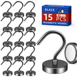 Junarter 15 Pack Black Metal Magnetic Hooks,40lb+ Heavy Duty Strong Magnets with Hooks for Cruise Ship Walls,Strong Magnetic Koo