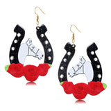 Kentucky Derby Race Horse for Women Glitter Acrylic Rhinestone Horseshoe Rose Drop Dangle Earrings Jewelry Gift for Horse Racing