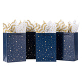 SHIPKEY Gift Bags, 10 Pack Navy Blue with Gold Foil Stars, Kraft Paper Bags with Handles, Bulk for Men, Groomsmen, Christmas Gif