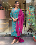 Anni Designer Women'S Cotton Blend Straight Printed Kurta With Pant & Dupatta (Down-Rama-Green_M_Green_Medium),Rama Green,M,Cotton Blend,DOWN-RAMA-Green_239,Kurta, Scarf