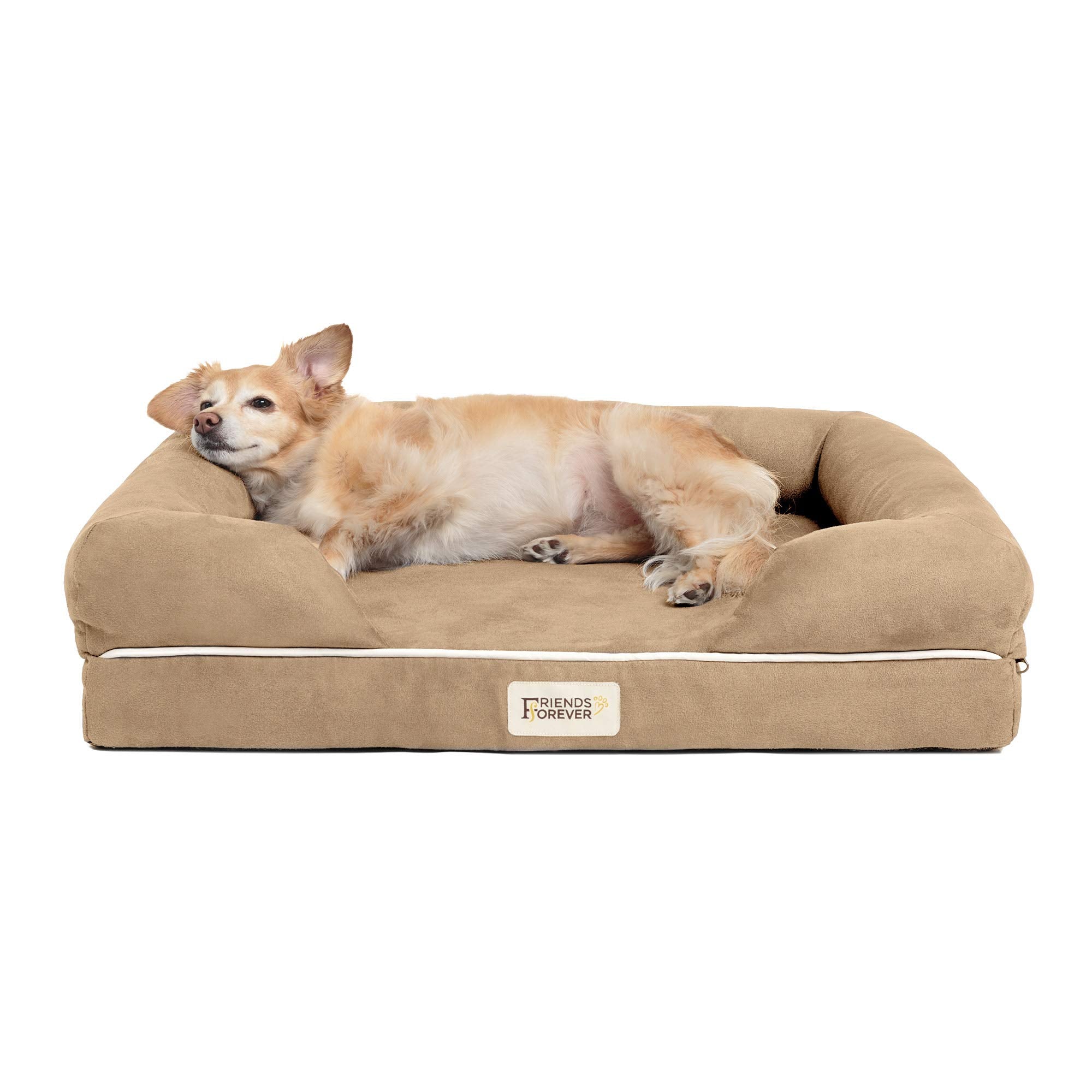 Friends Forever Small Dog Bed, Orthopedic Sofa Memory Foam Mattress, Calming Couch, Wall Rim Pillow, Water Resistant Liner, Wash