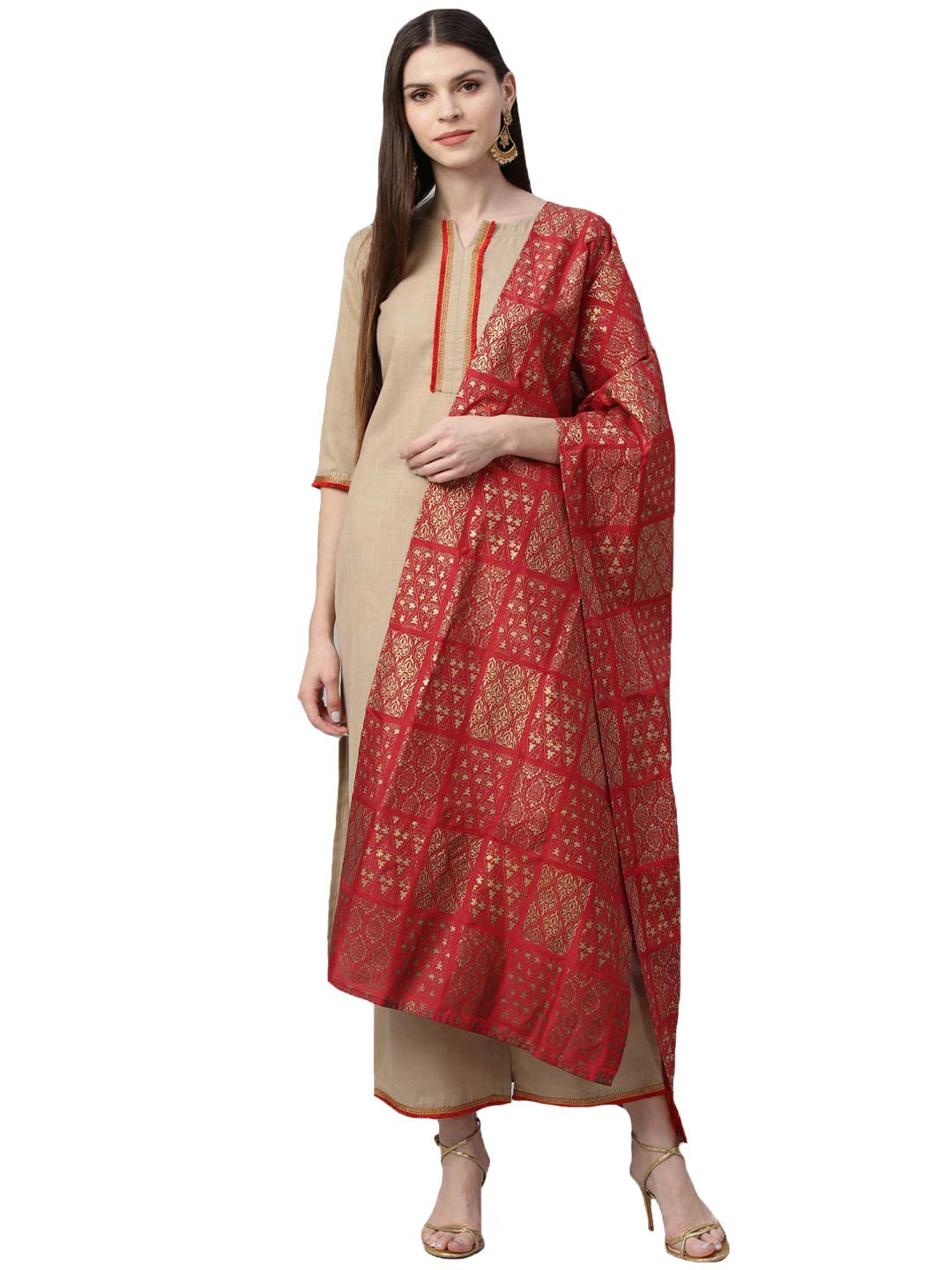 Gosriki Women'S Cotton Kurta With Palazzo & Dupatta (Sonari Beige_S_Go),Beige,,B08VJHJRQQ