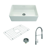 BOCCHI Classico White Apron Front Fireclay 30 in. Single Bowl Kitchen Sink with Protective Bottom Grid, Strainer, and Chrome Fau