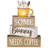 Moucuny 4 Pcs Easter Table Decorations Wooden Coffee Bunny Tiered Tray Decor Happy Easter Centerpiece for Tables Decorative Rabb