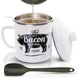 Bacon Grease Container With Strainer, 46OZ Large Enamel Grease Container, With Silicone Spatula, Farmhouse Bacon Grease Keeper, 
