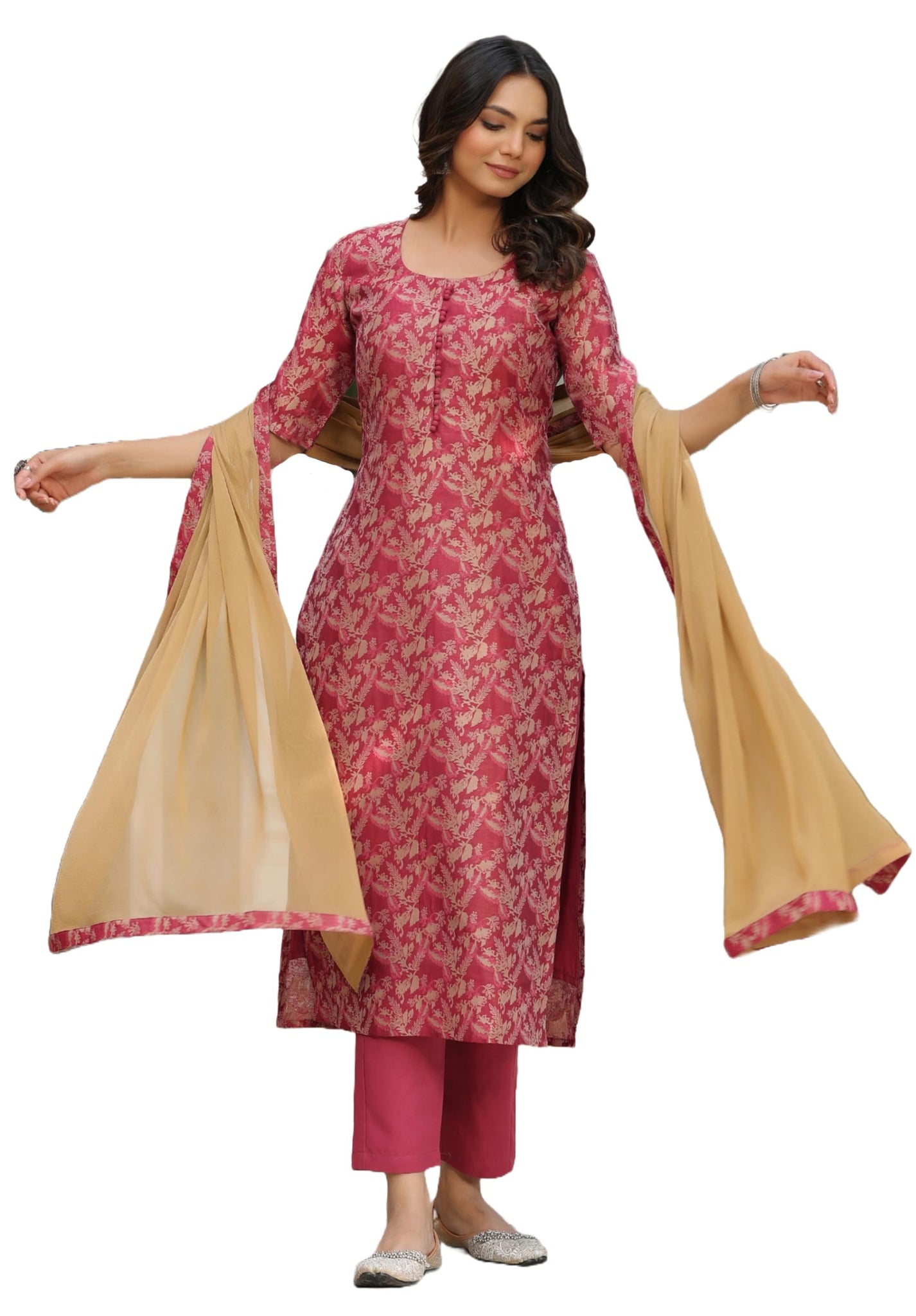 Gosriki Women'S Cotton Blend Straight Printed Kurta With Pant & Dupatta (Banarsi-Red-Bfv-Gs_L_Red_Large),Red,,B0CPXW98GL