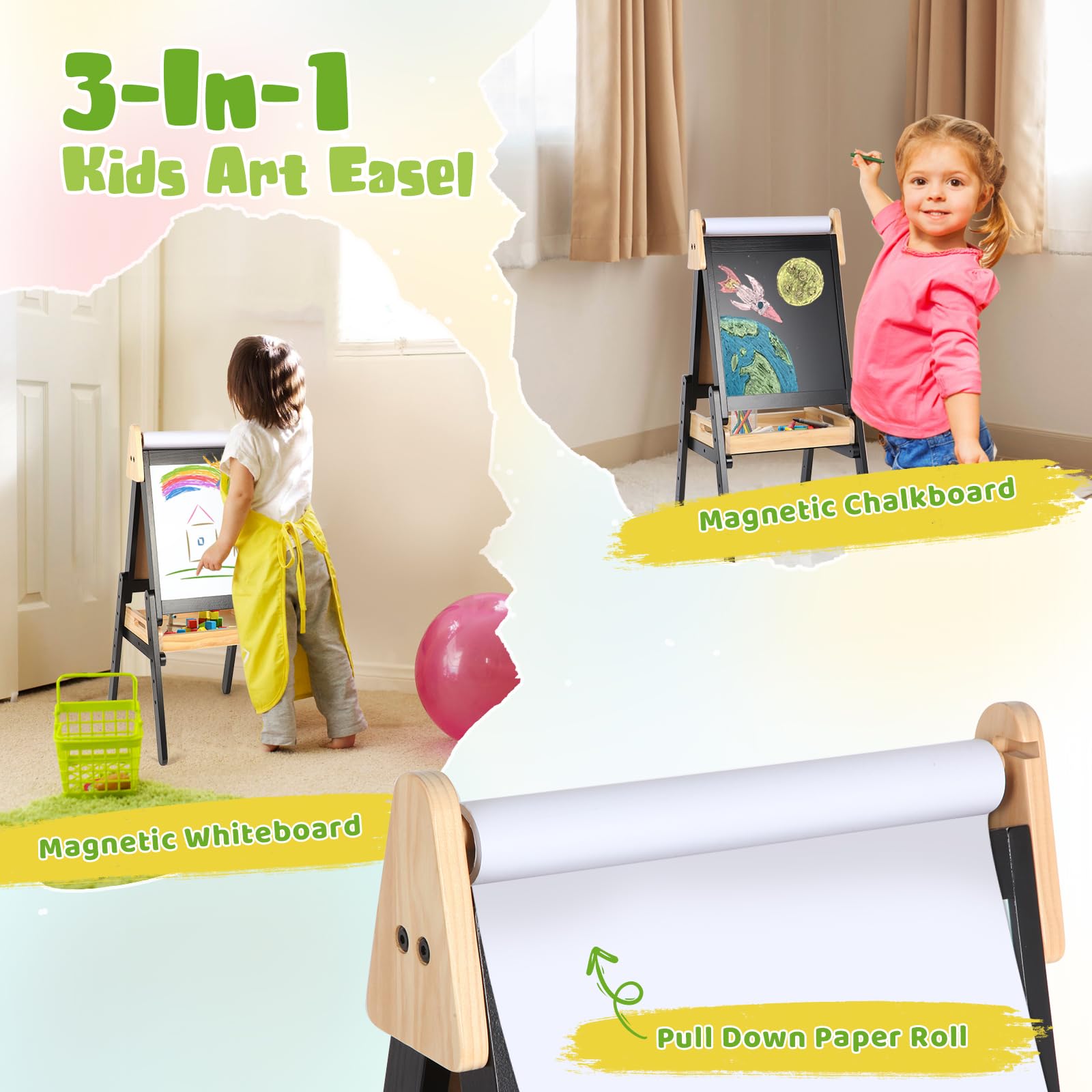 3 in 1 Easel for Kids with Wood Tray Double Sided Kids Easel with Paper Roll,Magnetic Chalkboard & White Board Height Adjustable