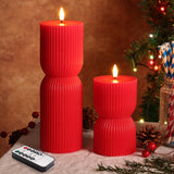 Girimax Red Ribbed Flameless Pillar Candles with Remote, Battery LED Wax Candles Flickering Valentines Day Decor Gift Set of 2