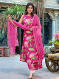 Anni Designer Women'S Rayon Viscose Printed A-Line Kurta With Palazzo & Dupatta (Amala Pink-Vks01_L_Pink_Large),Pink,L,,,