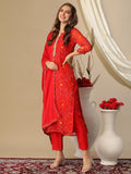 Gosriki Women'S Cotton Blend Bandhani Printed Straight Kurta With Pant & Dupatta (Turae-Red-Nw-Gs_Xl_Red_X-Large),Red,,B0D3BYF1LQ