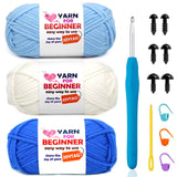 3 Pack Beginner Crochet Kit - Cotton Yarn for Knitting & Crocheting with Easy-to-See Stitches - 3x50g Dark Blue, White & Light B