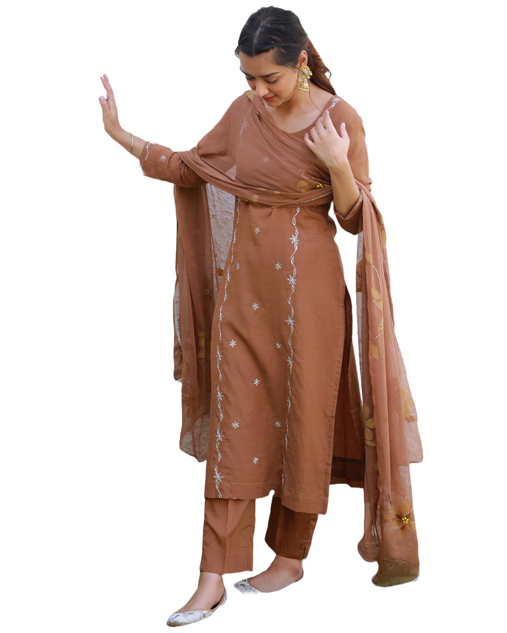 Anni Designer Women'S Rayon Viscose Embroidered Straight Kurta With Pant & Dupatta (Kintu Coffee_Xl_Brown_X-Large),Brown,XL,,,