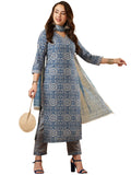 Anni Designer Women'S Cotton Blend Printed Straight Kurta With Pant & Dupatta (Nihira Blue-Brt_M_Blue_Medium),Blue,M