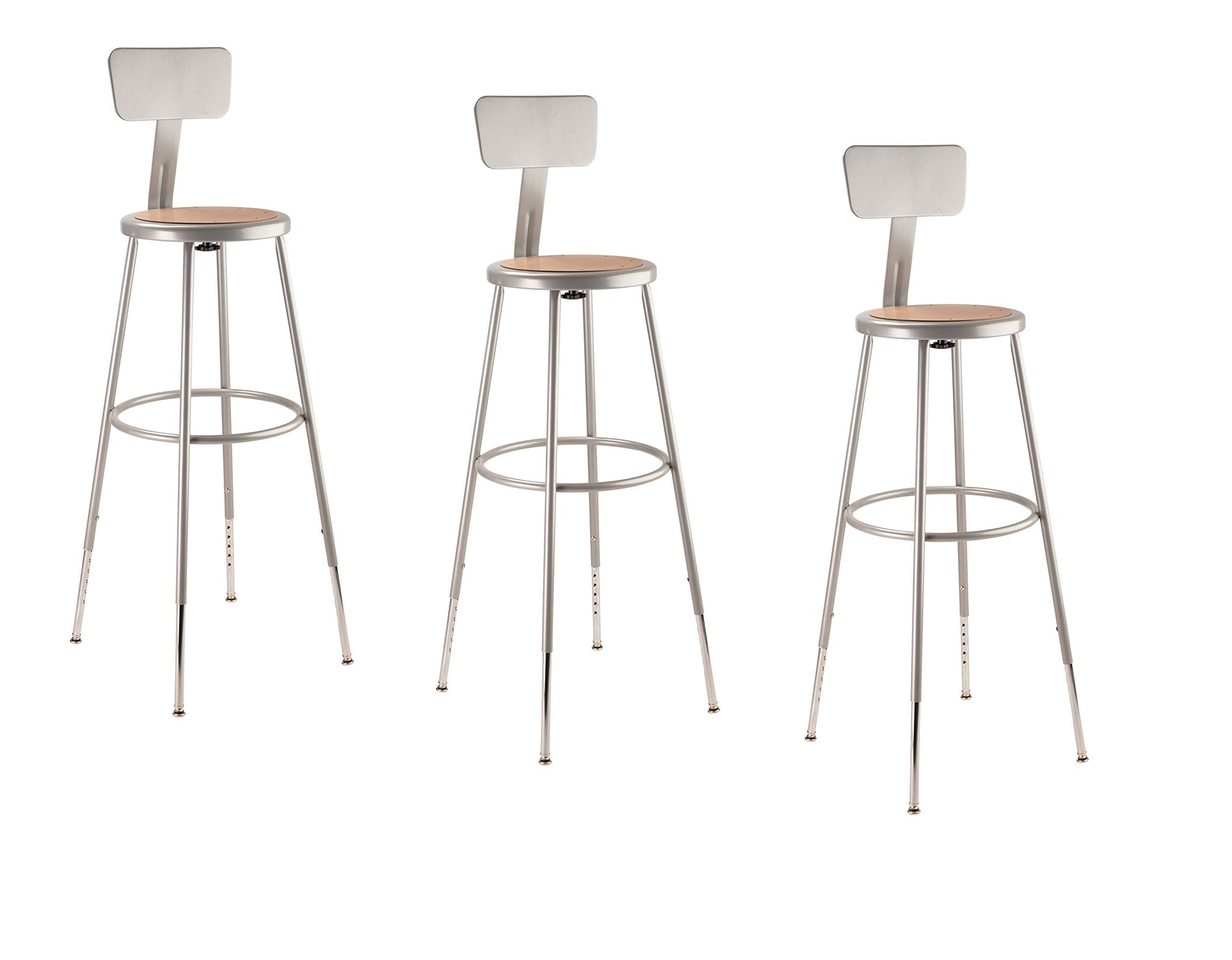 (3 Pack) National Public Seating 32'-39' Height Adjustable Heavy Duty Steel Stool With Backrest, Grey