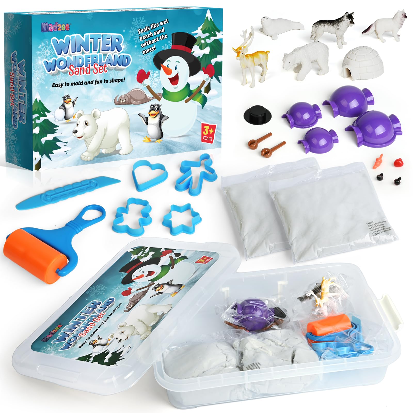Winter Wonderland Snow Sand Playset, Creativity Toy Sensory Bin with Arctic Animal Figures, 2 Lbs of Sand and Snowman Molds for